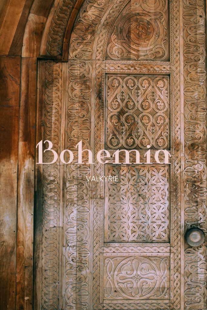 shows the word 'Bohemia' written in Valkyrie Font - an expressive serif font with a photo of an engraved indian door in the background