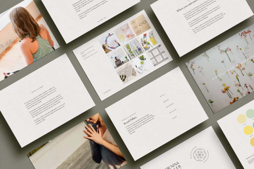 Wellness clinic Brand Strategy Example shows brand pillars, brand colour palette, mission statement and mood board
