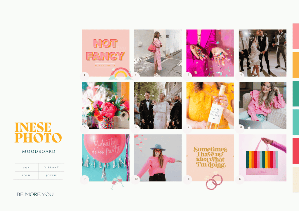 bright and colourful Brand moodboard for Fun wedding photographer with pinks, yellow and aqua blue photography 