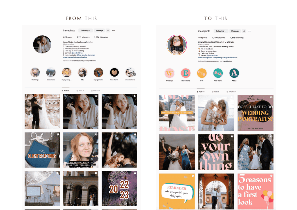 photographer instagram makeover before and after shows  inconsistent style before and curated bold, bright colourful feed after