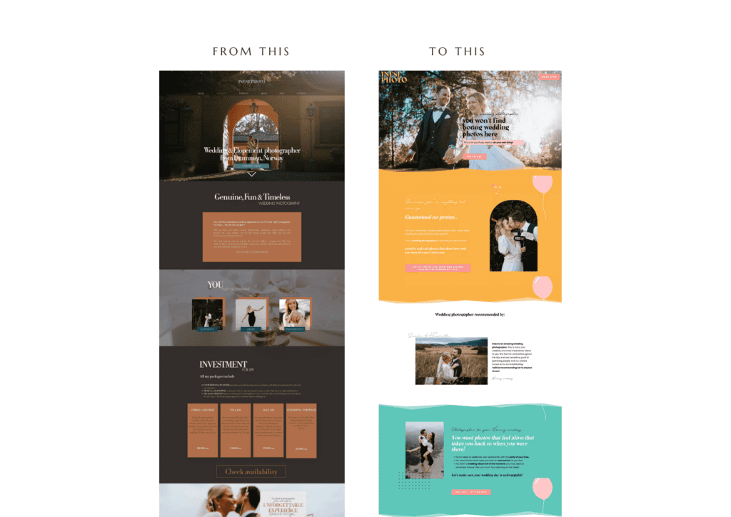 Before and after website rebrand shows dark, traditional wedding website befor eand bright yellow and aqua wedding website after