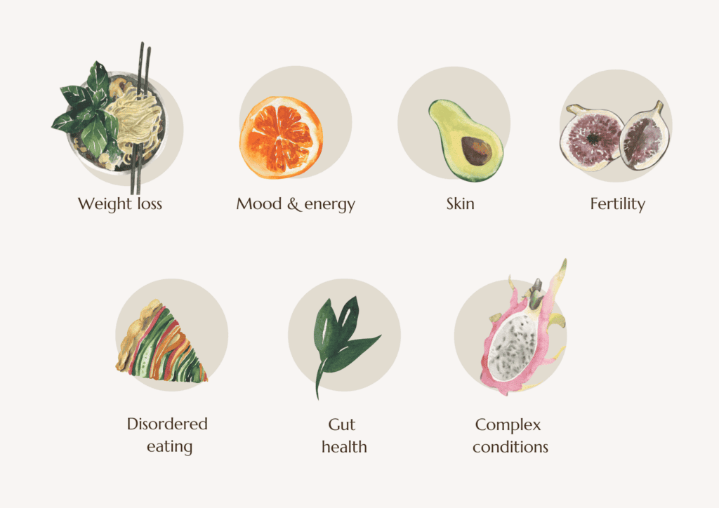 Bespoke food illustration buttons for nutritionist services
