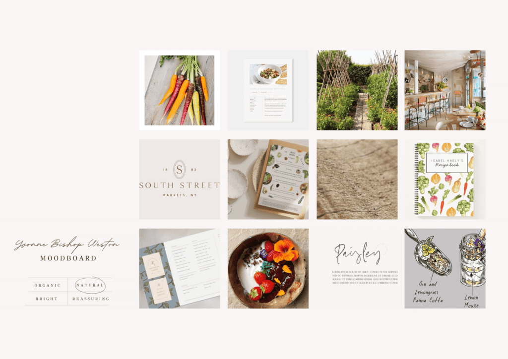 Nutritionist brand moodboard with rustic images of vegetables, vegatable garden and illustrated cookbooks