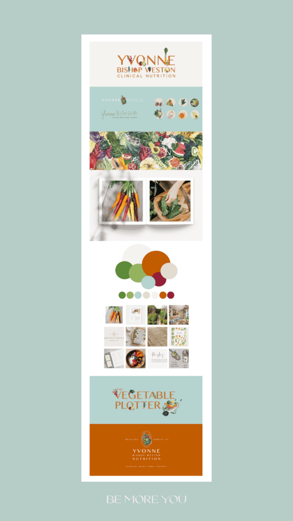 Yvonne bishop weston Nutritionist brand board with logo, colour palette, typography and mood board