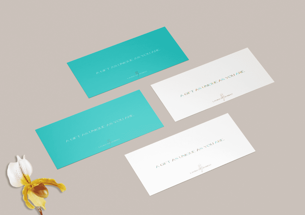 Branded Gift card vouchers for Laura De Zordo that read: A gift as unique as you are