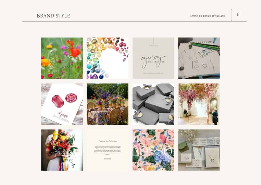 Brand Mood board for Laura De Zordo Jewellery with colourful photos of wildflowers, hanging floral installations, colourful gemstones, packaging and decorative fonts