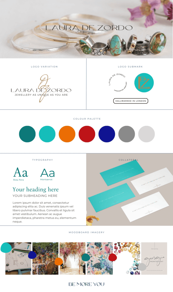 Brand style board for Laura De Zordo Jewellery with logo variations, colour pallete, type suite and moodboard