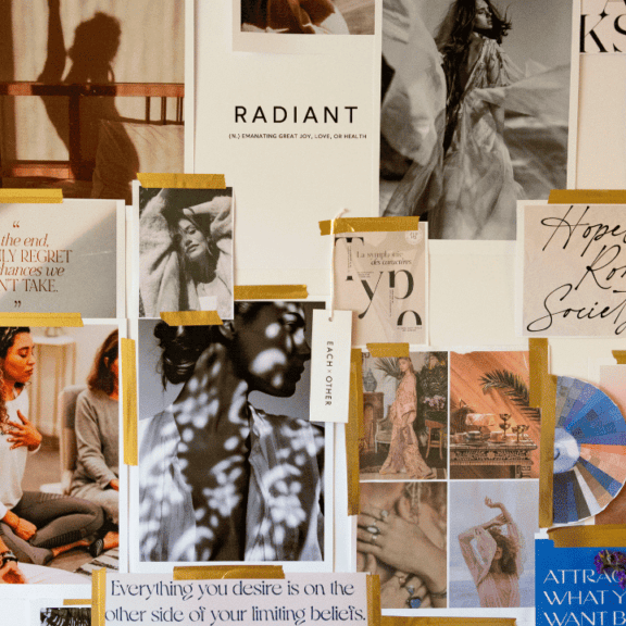 Brand moodboard with inspirational images of wellness entrepreneurs, type examples and colour palette