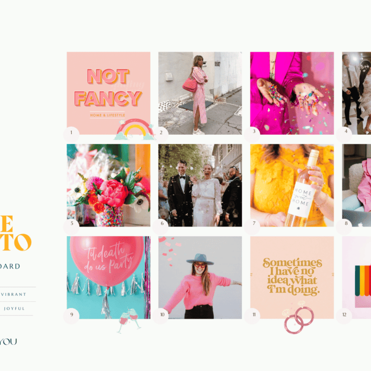 bright and colourful Brand moodboard for Fun wedding photographer with pinks, yellow and aqua blue photography