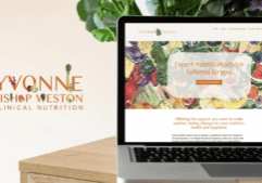 Nutritionist logo next to rebranded nutritionist website on a laptop